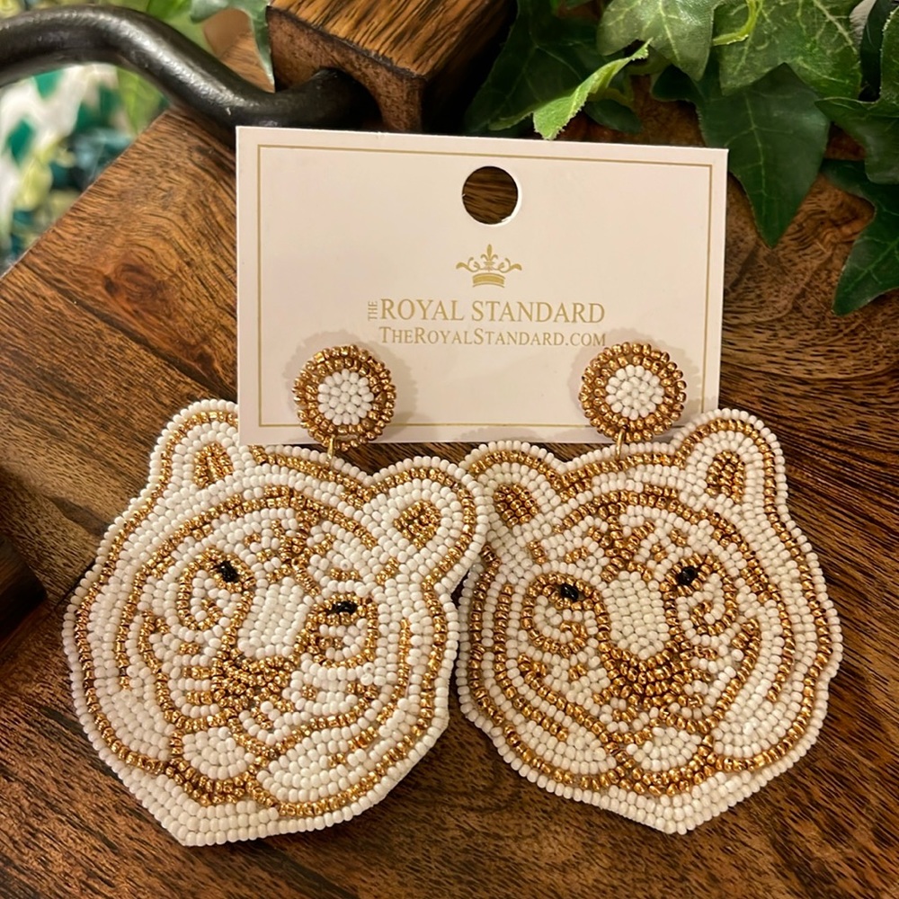 Seed Bead Post Back Earrings • Tiger Face